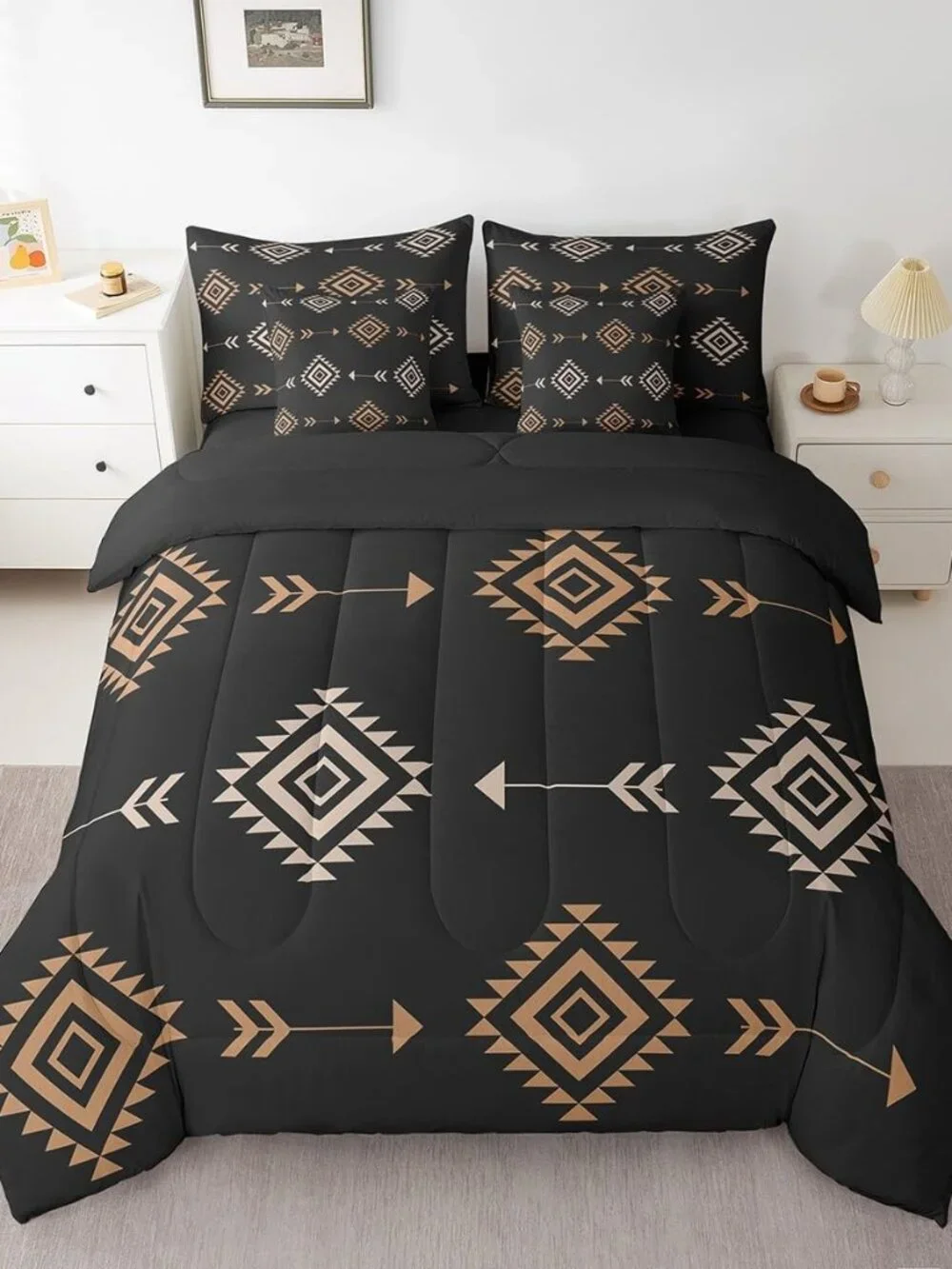 Boho Western Comforter Set with Sheets Brown Black Southwestern Aztec Tribal Que